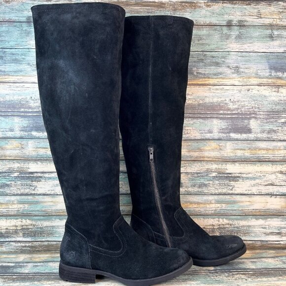 Børn Shoes - Born Over The Knee Boots Womens Size 7 Black Suede Pull On Block Heel Round Heel